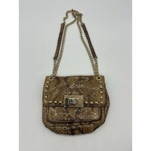 MICHAEL KORS Selma Python Embossed Leather Studded Shoulder Bag Gold Chain Flap